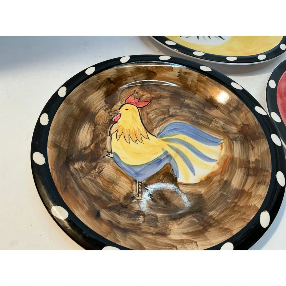 Vintage Rooster Ceramic Plates Set of 3 Polka Dot Rim 8 Inch Farmhouse